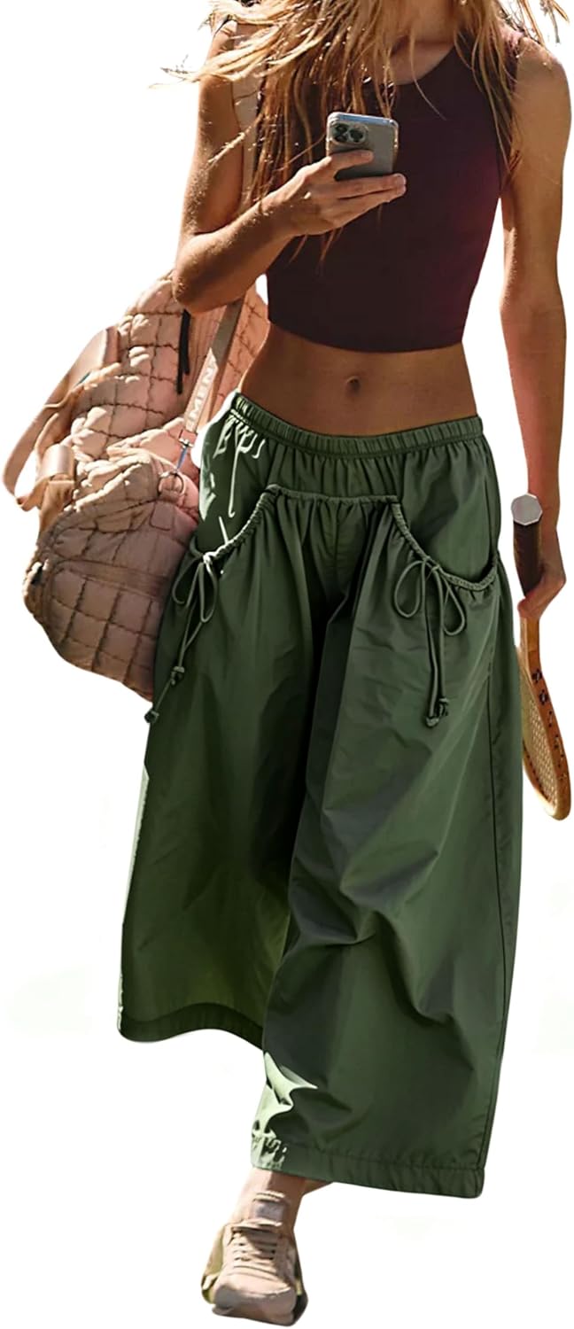 Loose Wide Leg Track Pants Drawstring Pockets Elastic Waist image 1