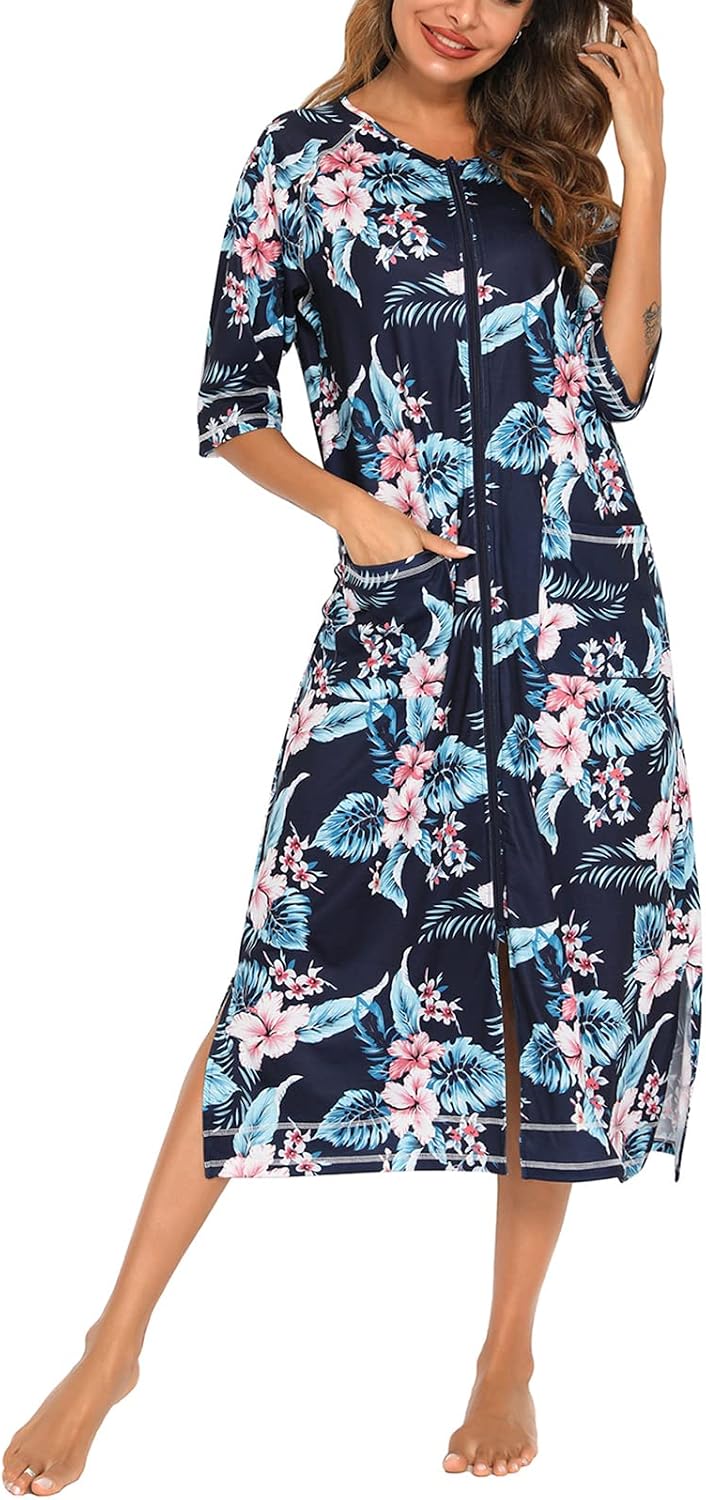 Veseacky Women Robe Zipper Front House Coat 3/4 Sleeve image 1